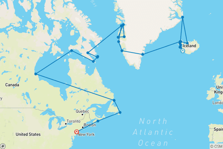 Karte von Grand Voyage: Arktische Entdeckung von Reykjavik nach New York