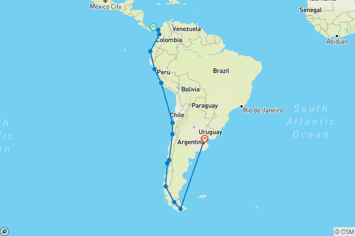 Carte du circuit Trésors antiques, fjords et merveilles de l'Amérique du Sud