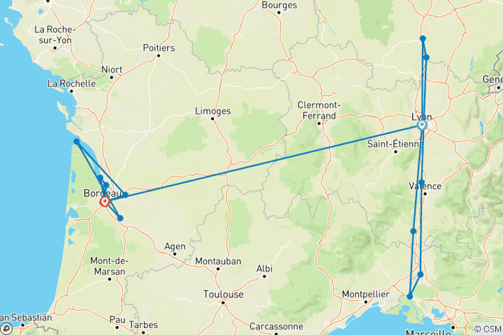 Mapa de Icónica Francia 2026 - 21 Días (from Lyon to Burdeos)