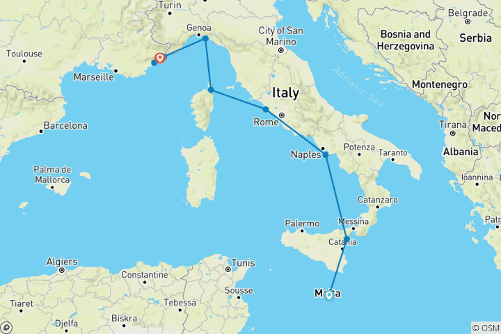 Map of Splendours of Sicily, Italy and the French Riviera