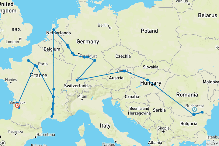 Carte du circuit Grand voyage d'Est en Ouest : De Bucarest à Bordeaux