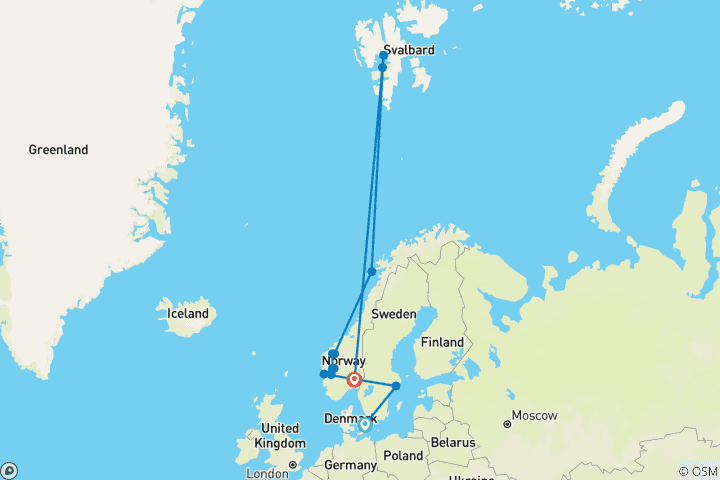 Carte du circuit Découverte de la Scandinavie et des merveilles de l'Arctique - Croisière et voyage terrestre