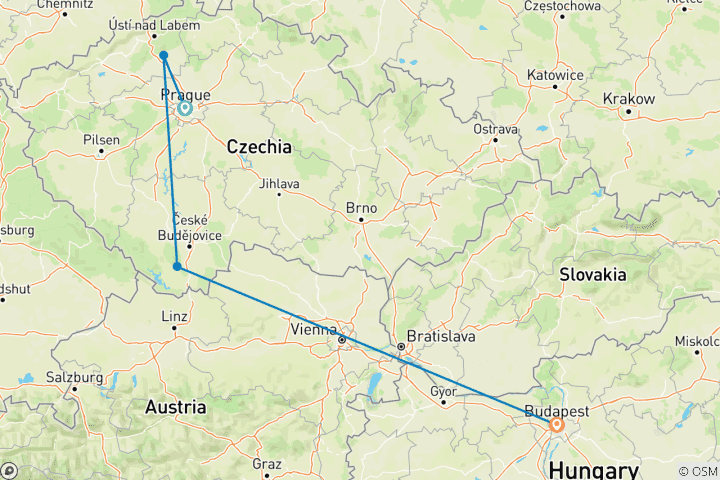 Map of Danube in Depth with Prague 2026|2027 - 13 Days (from Prague to Budapest)