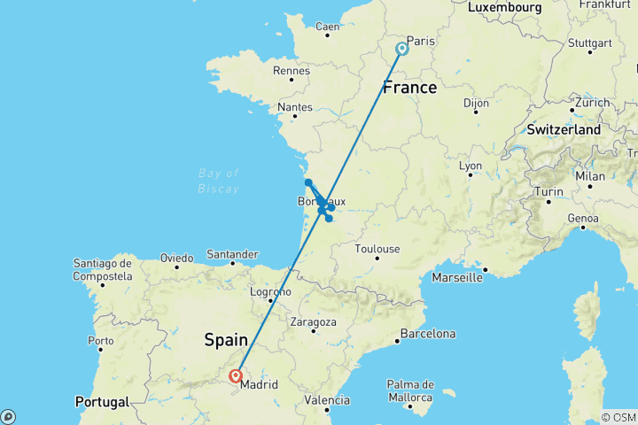 Map of Beautiful Bordeaux with Paris & Madrid