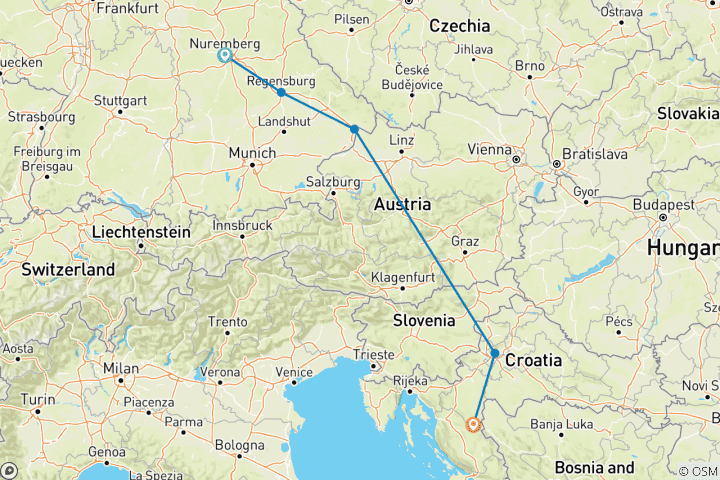 Carte du circuit Danube en profondeur avec Ljubljana et Zagreb 2026|2027 - 14 jours (from Nuremberg to Plitvica)
