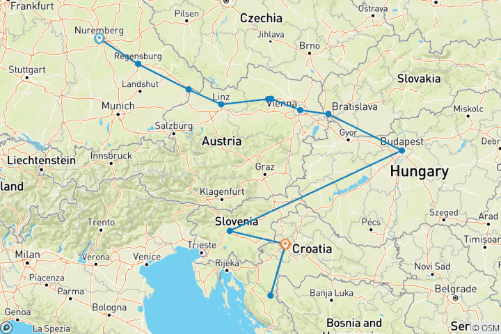 Map of Danube in Depth with Ljubljana & Zagreb 2026 - 14 Days (from Nuremberg to Zagreb)