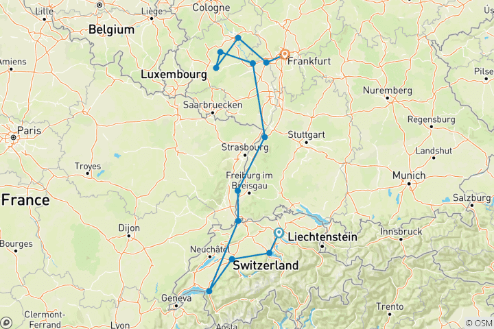 Carte du circuit Châteaux et vignobles de charme du Rhin et de la Moselle avec la Suisse 2026 - 12 jours