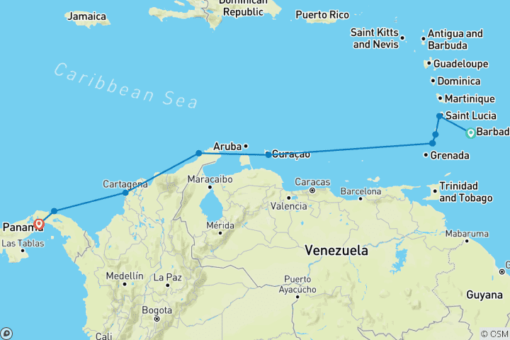 Map of Pristine Islands of the Caribbean & the Panama Canal (from Bridgetown to Panama City)