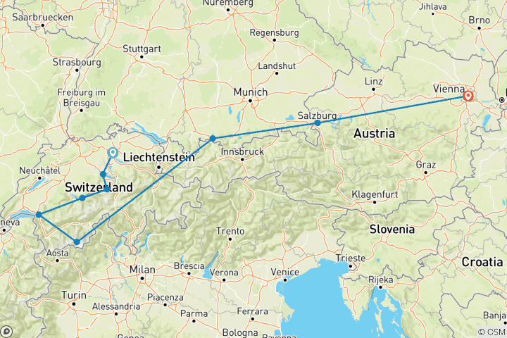 Karte von Wunderbares der Schweiz & Österreich - 15 Tage (von Zürich bis Wien)