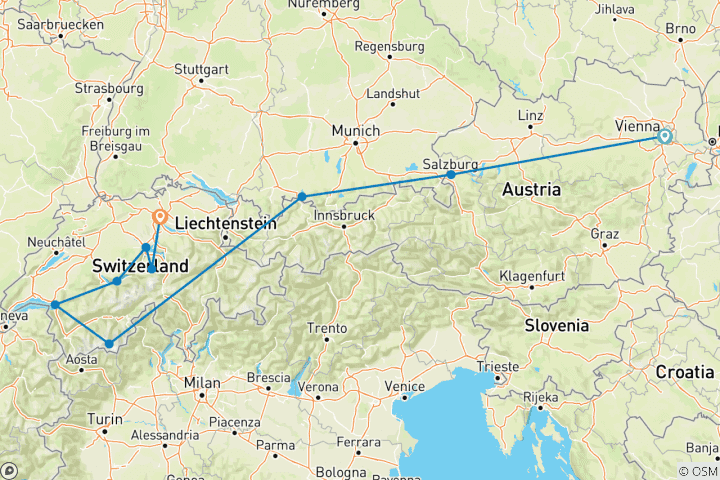 Karte von Wunderbares der Schweiz & Österreich - 15 Tage (von Wien bis Zürich)