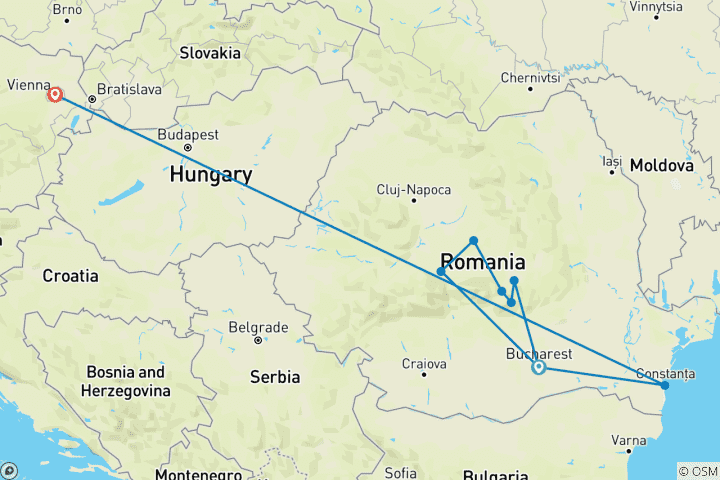 Carte du circuit Découverte du Bas-Danube avec Vienne et la Transylvanie 2026|2027 - 22 jours