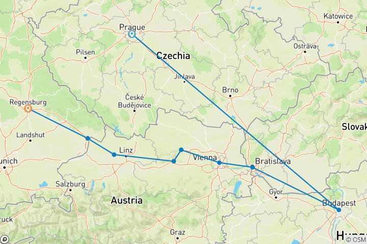 Kaart van Donau kerstmarkten met Praag 2026