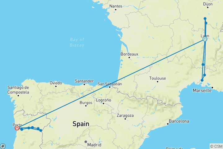 Map of Unforgettable Douro & Spectacular South of France 2026 - 21 Days (from Lyon to Porto)