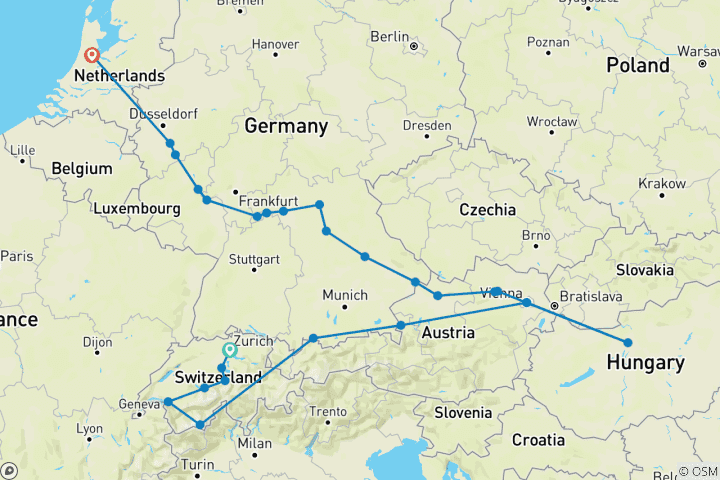 Carte du circuit Joyaux de l'Europe avec les merveilles de la Suisse et de l'Autriche 2026 - 29 jours (from Zurich to Amsterdam)