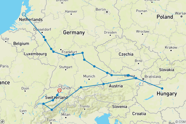 Carte du circuit Joyaux de l'Europe avec les merveilles de la Suisse et de l'Autriche 2026 - 29 jours