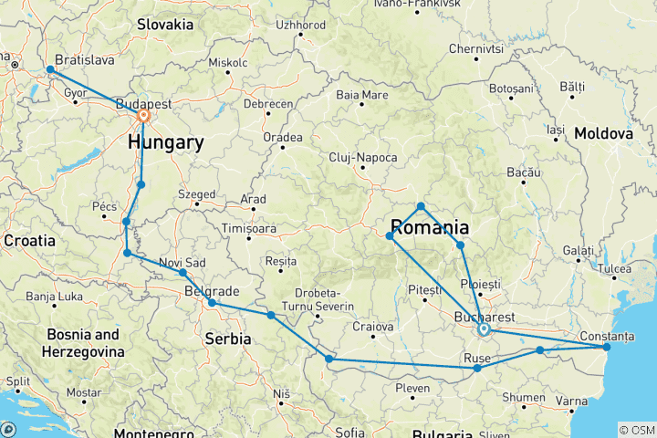 Map of Lower Danube Discovery with Transylvania 2026 - 20 Days (from Bucharest to Budapest)