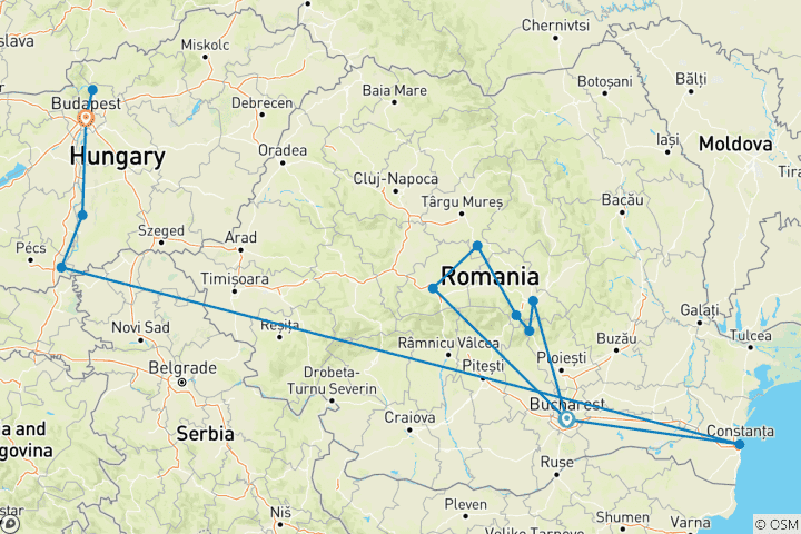 Karte von Entdeckung der unteren Donau mit Siebenbürgen 2026|2027 - 20 Tage (von Bukarest bis Budapest)