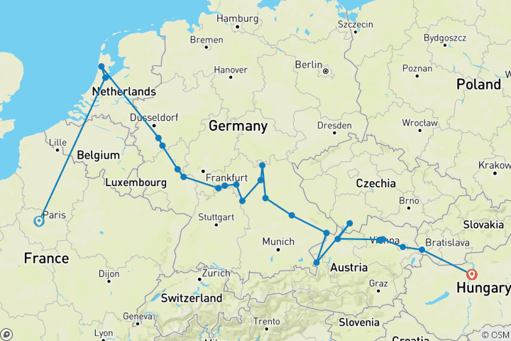 Carte du circuit Joyaux de l'Europe avec Paris 2026 - 18 jours (from Paris to Budapest)