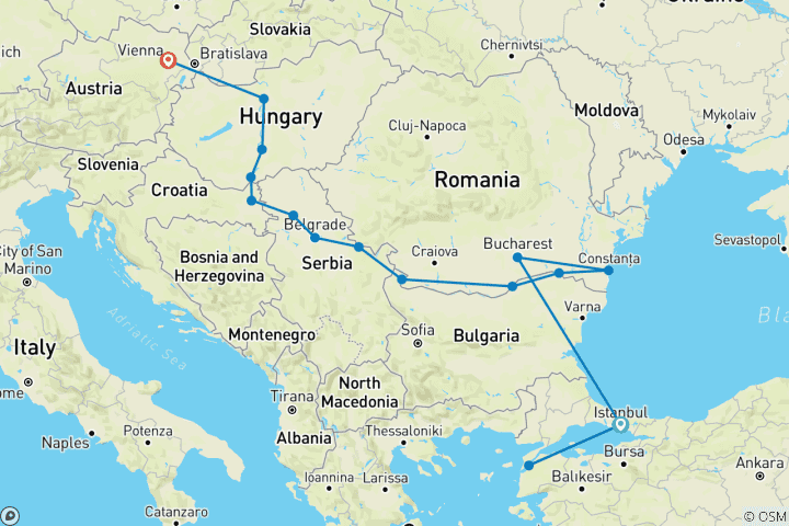 Karte von Entdeckung der unteren Donau mit Wien & Istanbul 2026 - 24 Tage