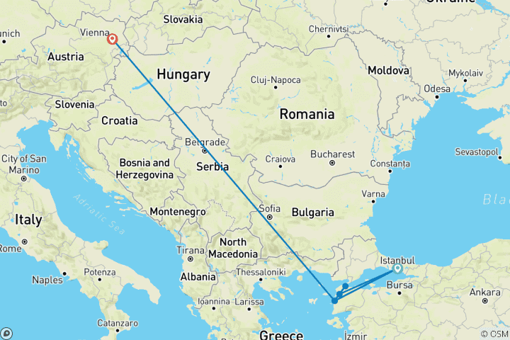 Map of Lower Danube Discovery with Vienna & Istanbul 2026|2027 - 24 Days (from Istanbul to Vienna)