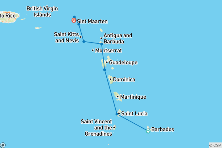 Map of Eastern Caribbean with St. Barths 2026-2027 - 8 Days (from Bridgetown to Marigot)