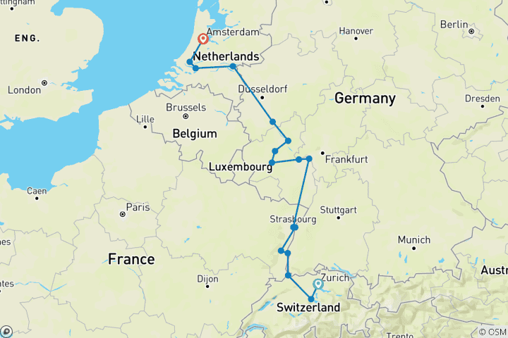 Carte du circuit Suisse, châteaux du Rhin et vignobles de la Moselle avec Amsterdam