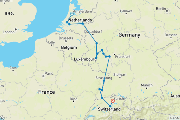 Map of Amsterdam to Zurich & Jewels of the Rhine