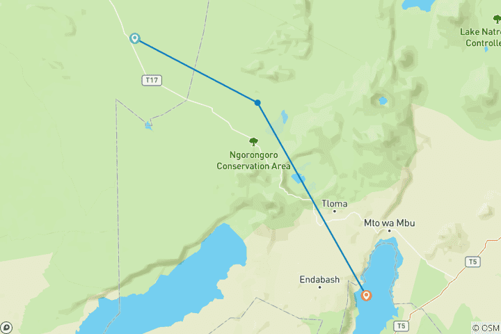 Carte du circuit 5 jours de safari privé de moyenne gamme dans les principaux parcs nationaux d'Afrique