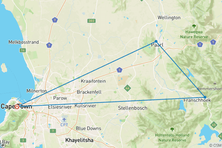 Carte du circuit Circuit de 1 jour dans les vignobles du Cap, de Paarl à Franschhoek