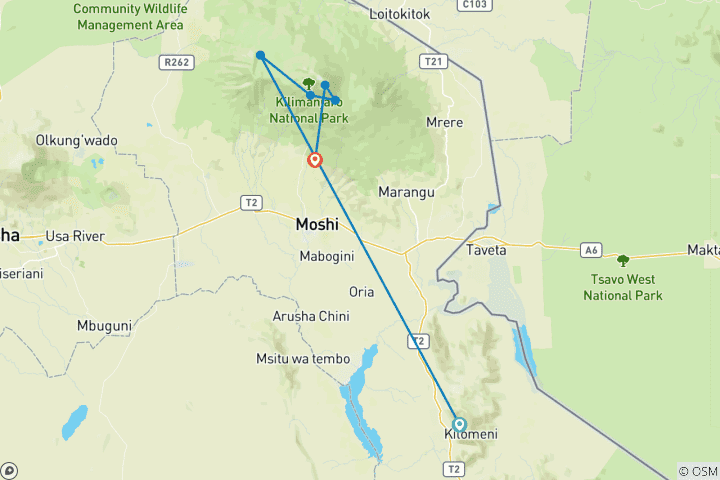 Mapa de Subida al Kilimanjaro ruta Lemosho 8 días
