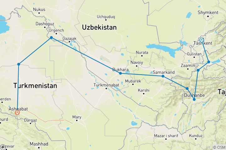 Map of An Epic Adventure Through the 3-Stans: Tajikistan, Uzbekistan & Turkmenistan
