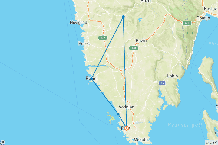 Mapa de Odisea de Istria: Una Expedición Ciclista Culinaria de Lujo por la Península Gourmet de Croacia