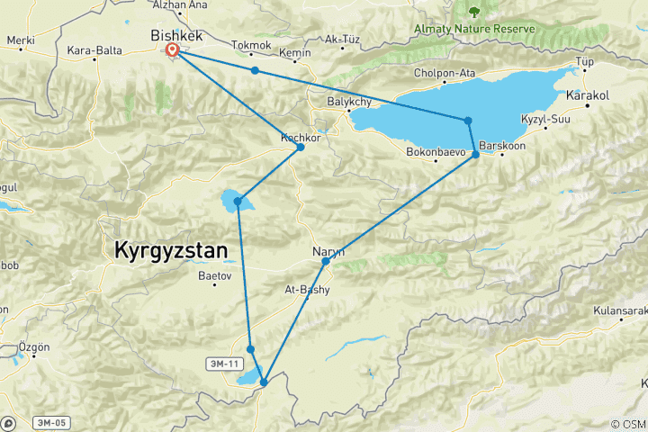 Map of 9-Day Kyrgyzstan Highlights Tour: Canyons, Eagle Hunters & Alpine Lakes