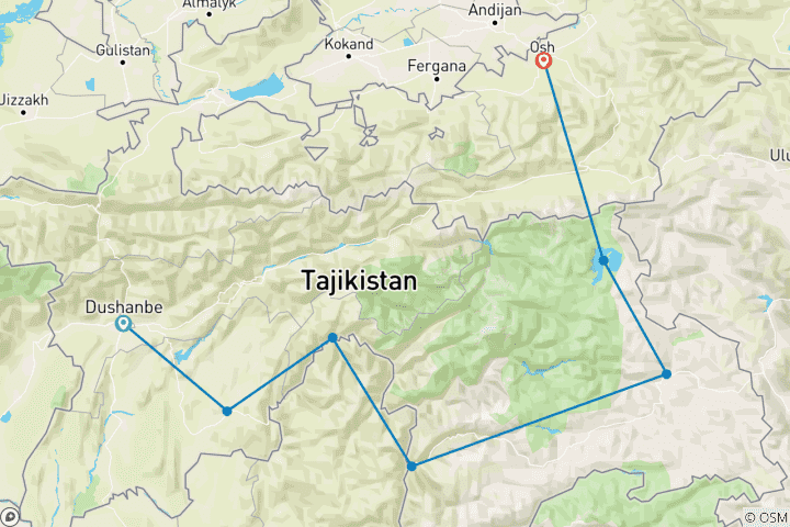Map of Pamir Highway Tour: Dushanbe to Osh Overland Adventure Through Tajikistan & Kyrgyzstan