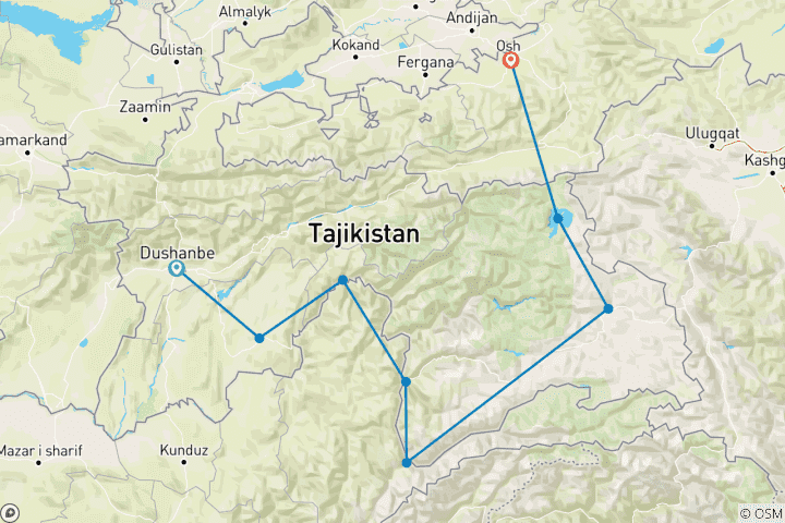 Carte du circuit Circuit sur la route du Pamir : Aventure terrestre de Douchanbé à Osh à travers le Tadjikistan et le Kirghizistan