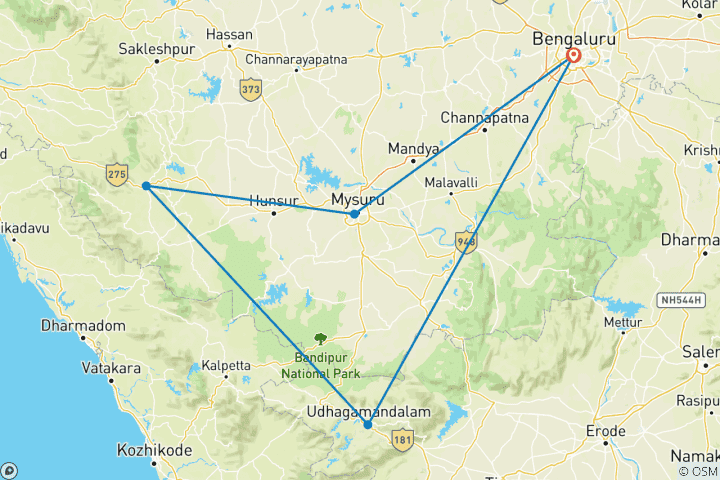 Carte du circuit 7 jours d'aperçu de l'Inde du Sud