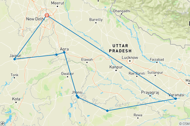 Map of India Golden Triangle with Khajuraho & Ganges