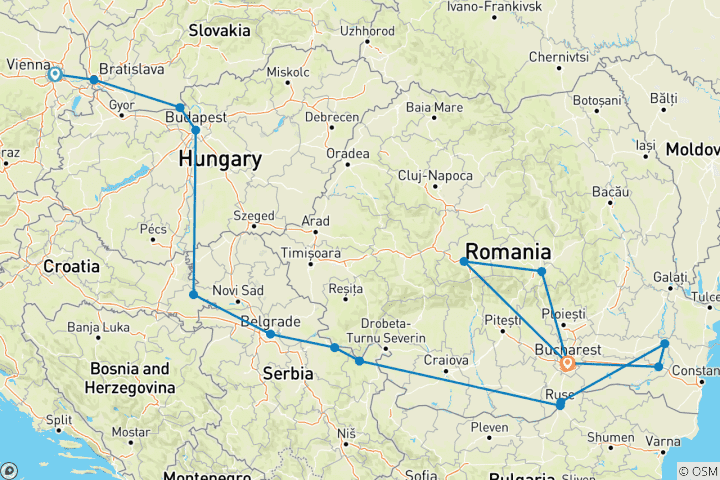 Map of Lower Danube and Transylvania Extension (Vienna - Bucharest) (including Sibiu)