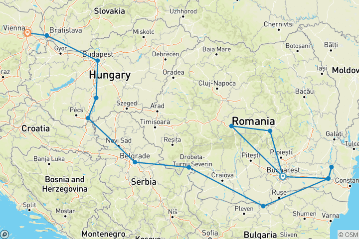 Mapa de Aventura de 5 días por Transilvania y el Danubio (Bucarest - Viena)