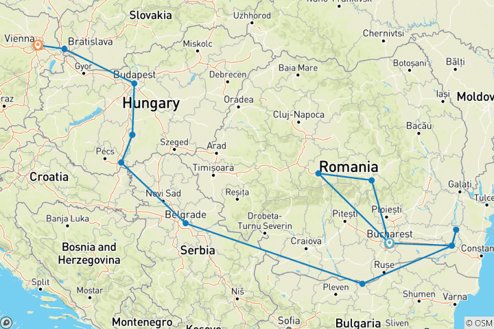 Map of Transylvania Pre Program and Lower Danube (Bucharest - Vienna) (14 destinations)