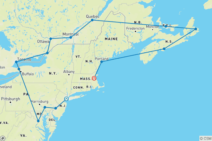 Carte du circuit L'est du Canada et les États-Unis avec la croisière en Nouvelle-Angleterre New York City → Boston (2026)