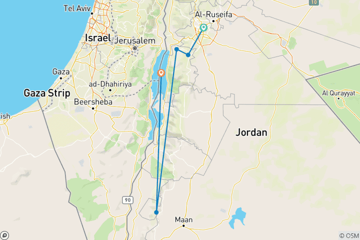 Kaart van Reis door Jordanië: 4-daagse Ontsnappen aan Erfgoed & Genezing (Amman, Petra & Dode Zee)
