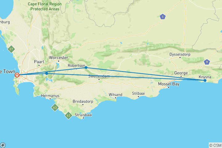 Map of Golf Wellness Retreat in South Africa’s Cape, Winelands & Garden Route  Tour 10 Days/09 Days
