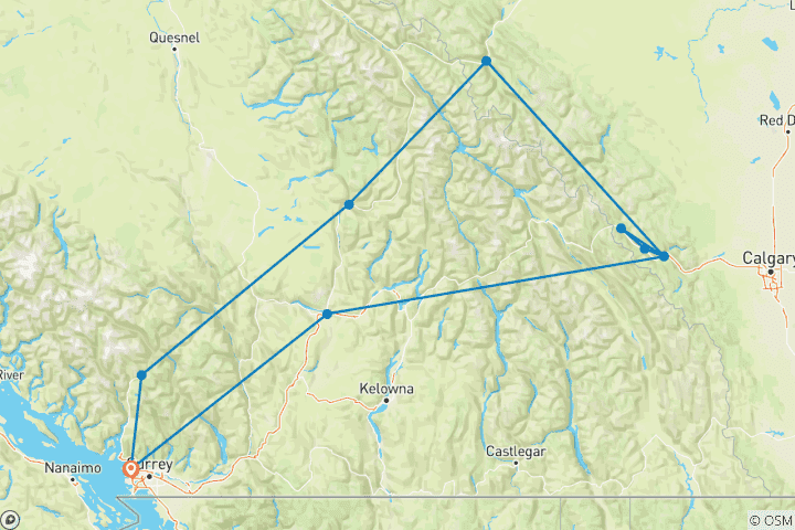 Kaart van Canada roadtrip: Vancouver & Rocky Mountains (20 bestemmingen)