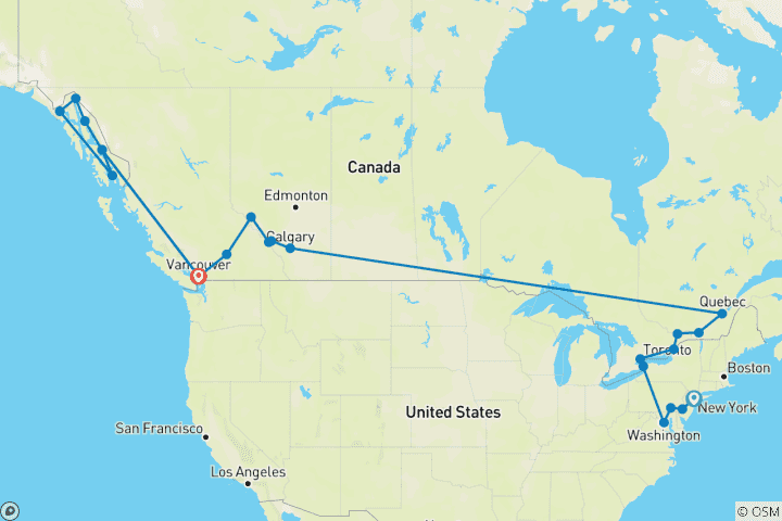Carte du circuit Croisière dans l'est du Canada, aux États-Unis, dans les Rocheuses et en Alaska New York City → Vancouver (2026)