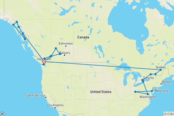 Map of Eastern Canada, USA, Rockies Odyssey and Alaska Cruise New York City → Vancouver (2026)