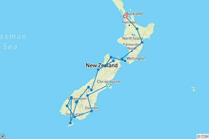 Carte du circuit Essence de Nouvelle-Zélande (2026/2027) (20 destinations)