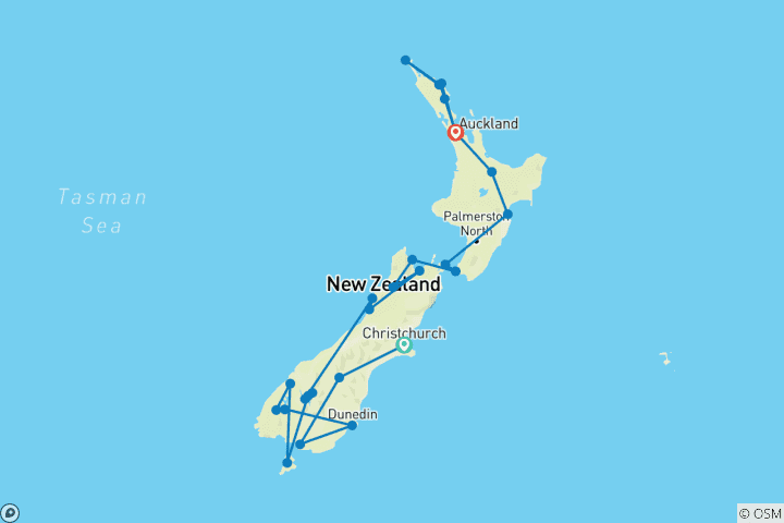 Carte du circuit Esprit de la Nouvelle-Zélande (2026/2027) (27 destinations)