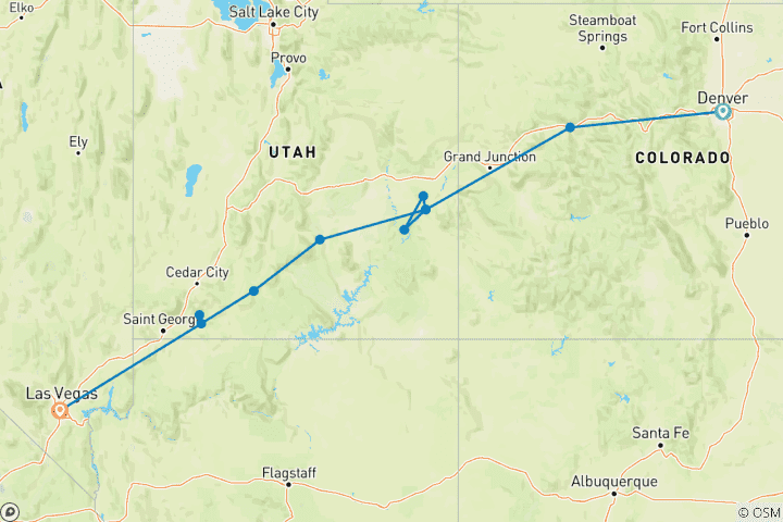Map of Utah’s Mighty Five and The Rockies featuring 2 days onboard Rocky Mountaineer (Denver, CO to Las Vegas, NV) (2026)