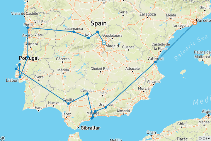 Map of Best of Spain and Portugal (Classic, Summer, End Barcelona) (19 destinations)